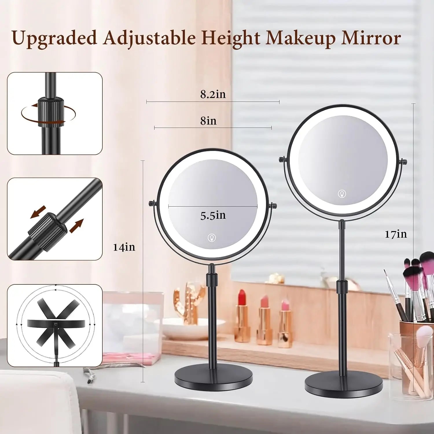 Double Side Standing Makeup Mirror With LED Light and 10x Magnification [8 Inch]