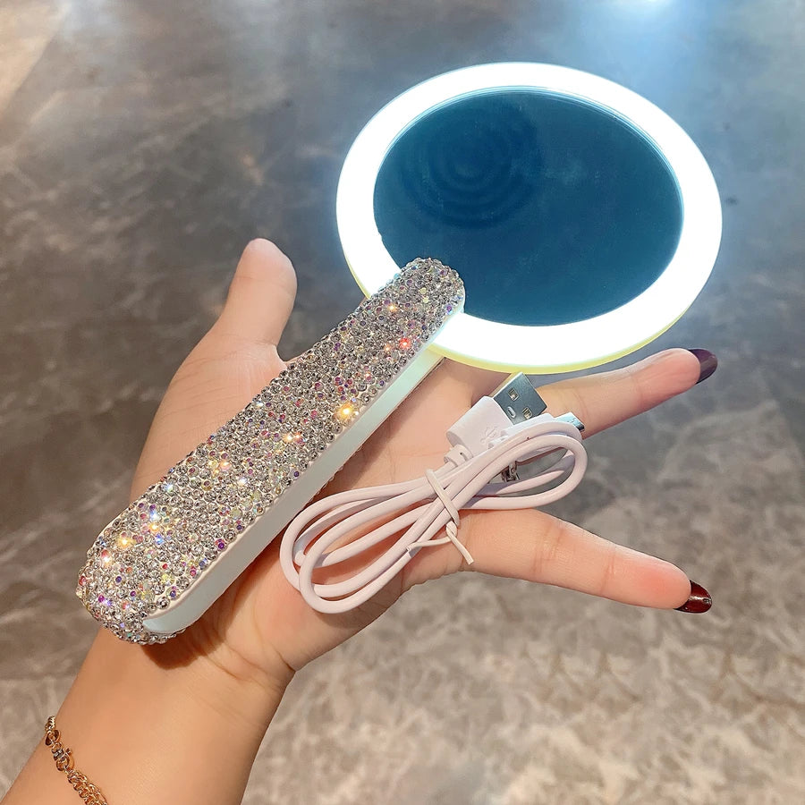 Rotatable Rhinestones Handle Makeup Mirror With LED Light