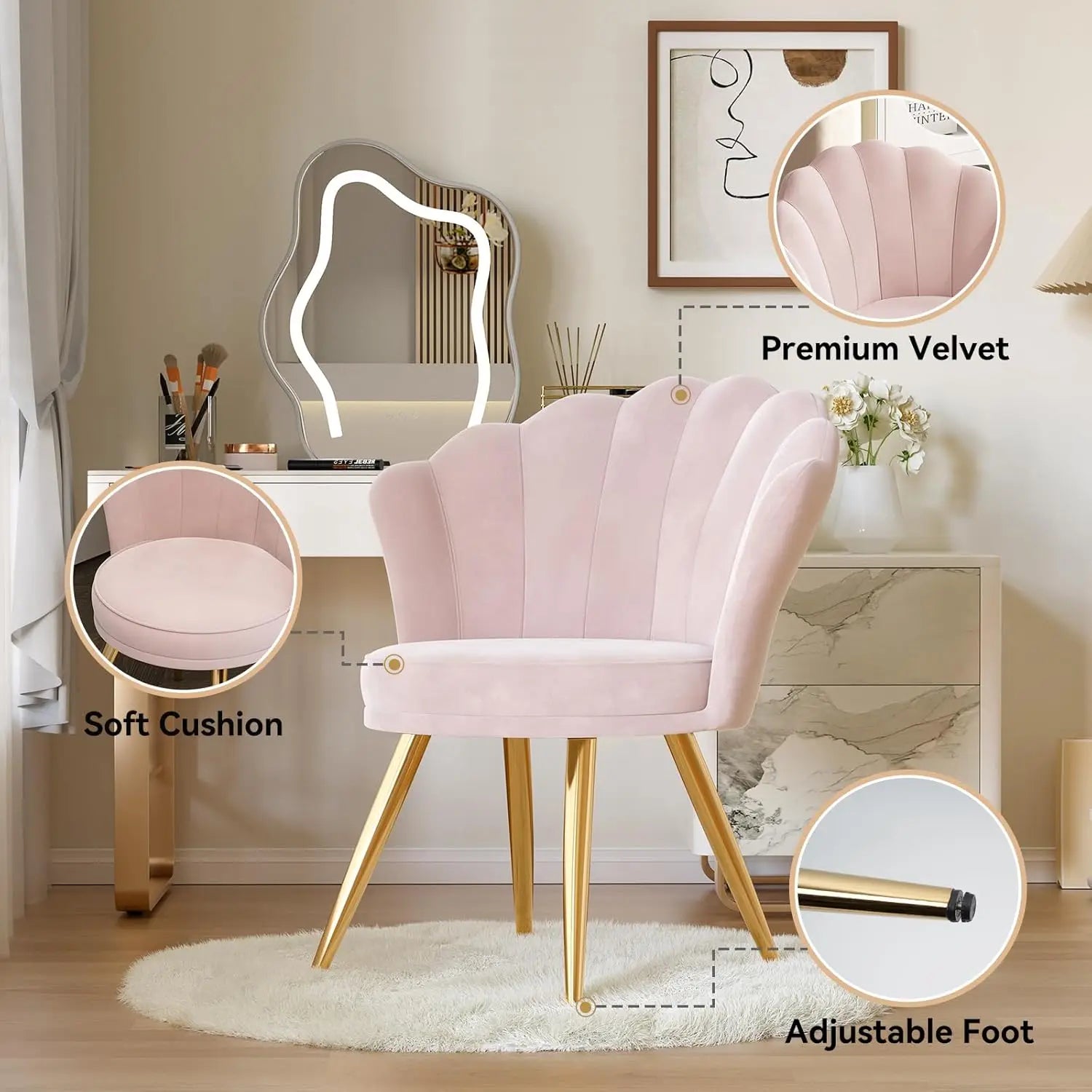 Vanity Chair with Gold Legs -  Light Pink
