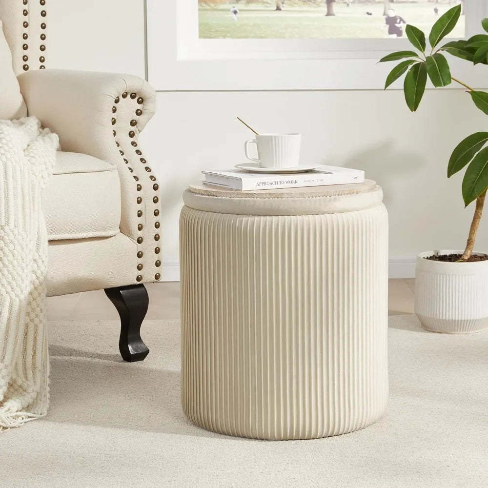 Set Of 2 Round Ottoman Vanity Stool [Beige]