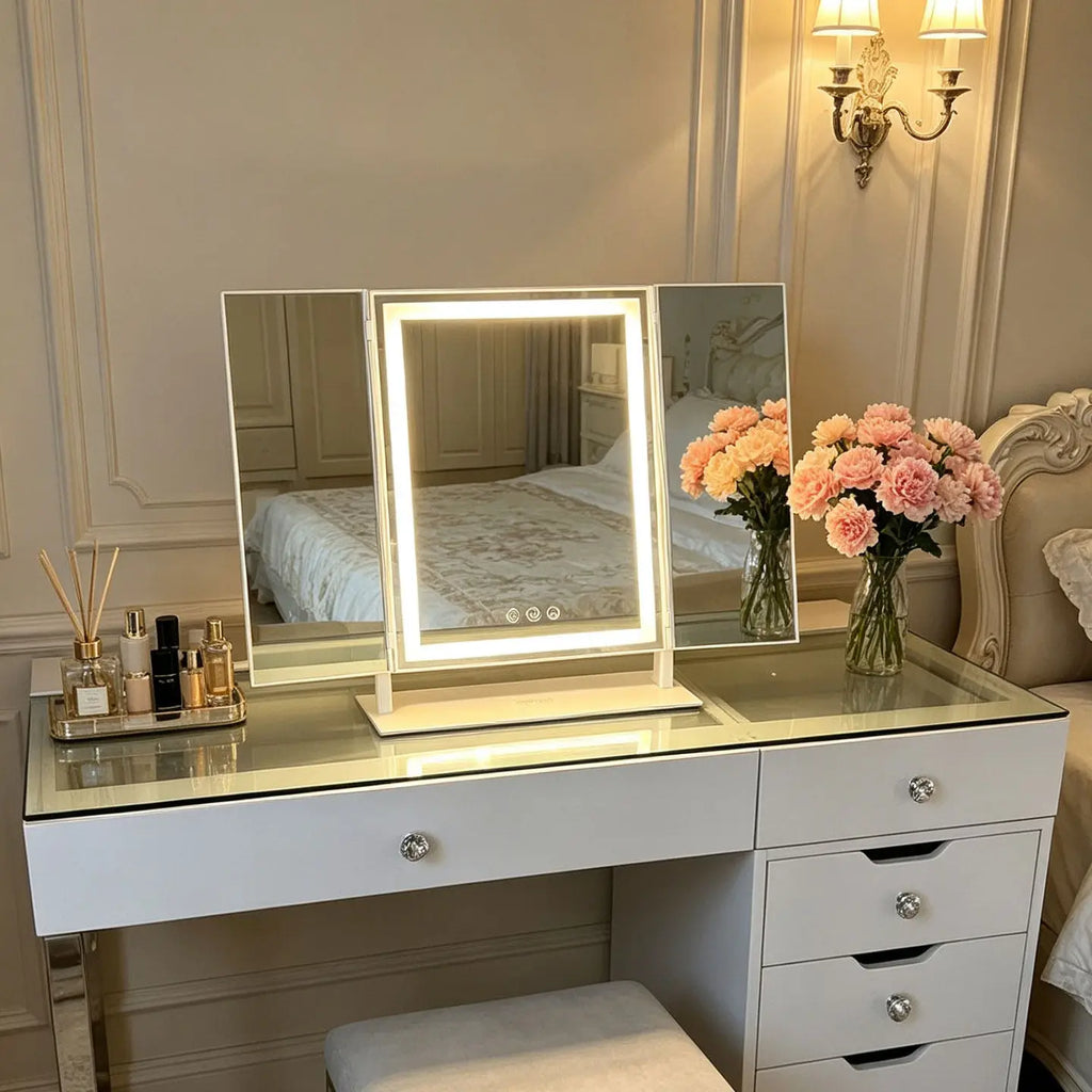 Tabletop Foldable Makeup Mirror With LED Light