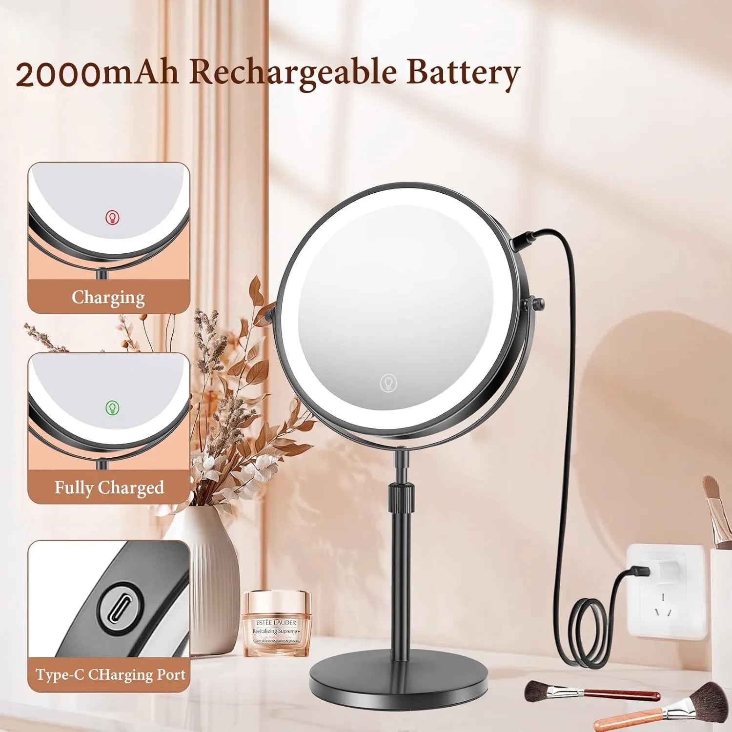 Double Side Standing Makeup Mirror With LED Light and 10x Magnification [8 Inch]