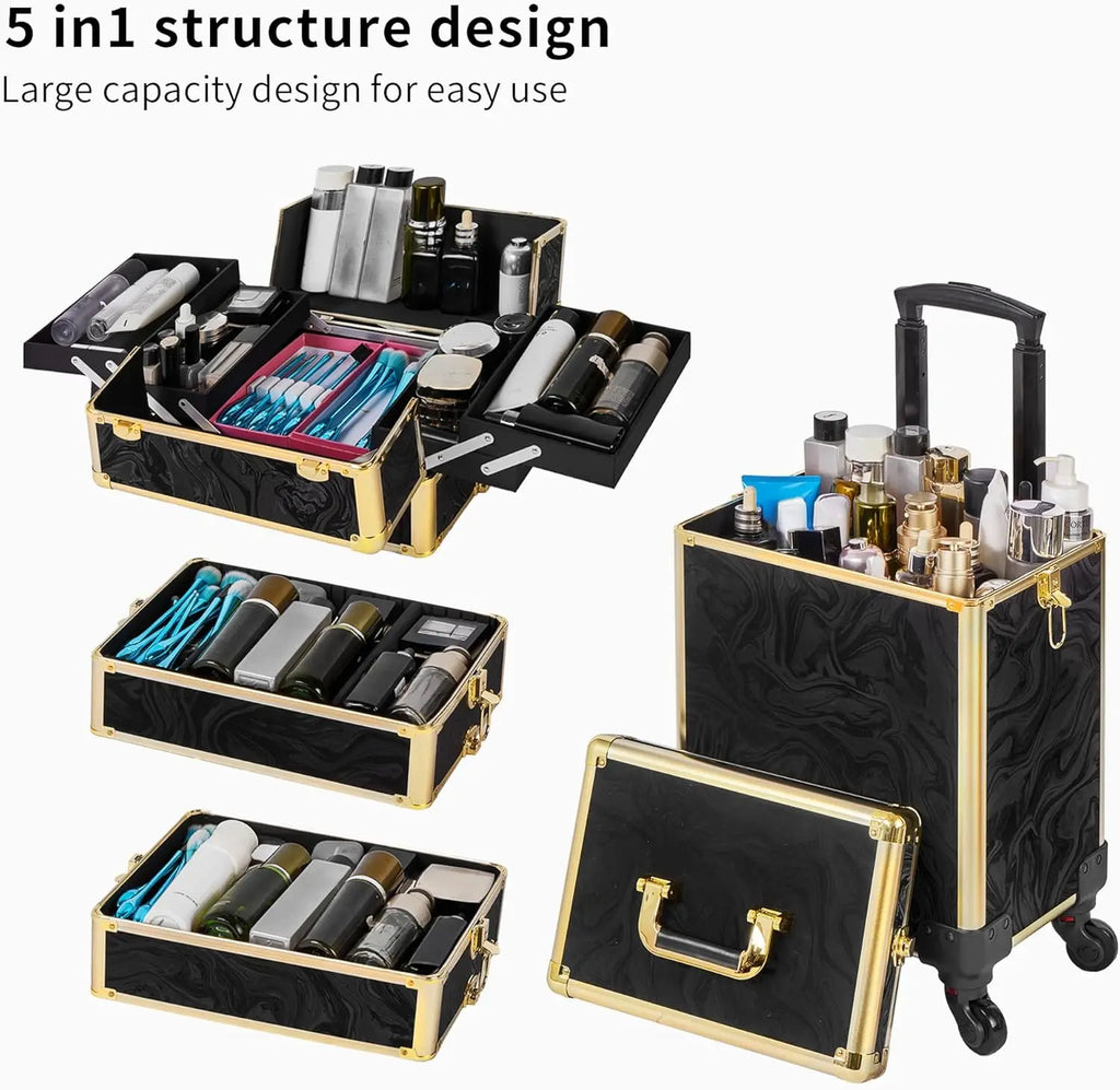 5 in 1 Rolling Makeup Train Case With Lid
