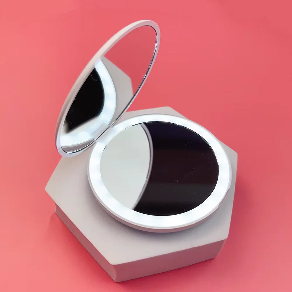 Compact LED Makeup Round Mirror with  2x Magnification