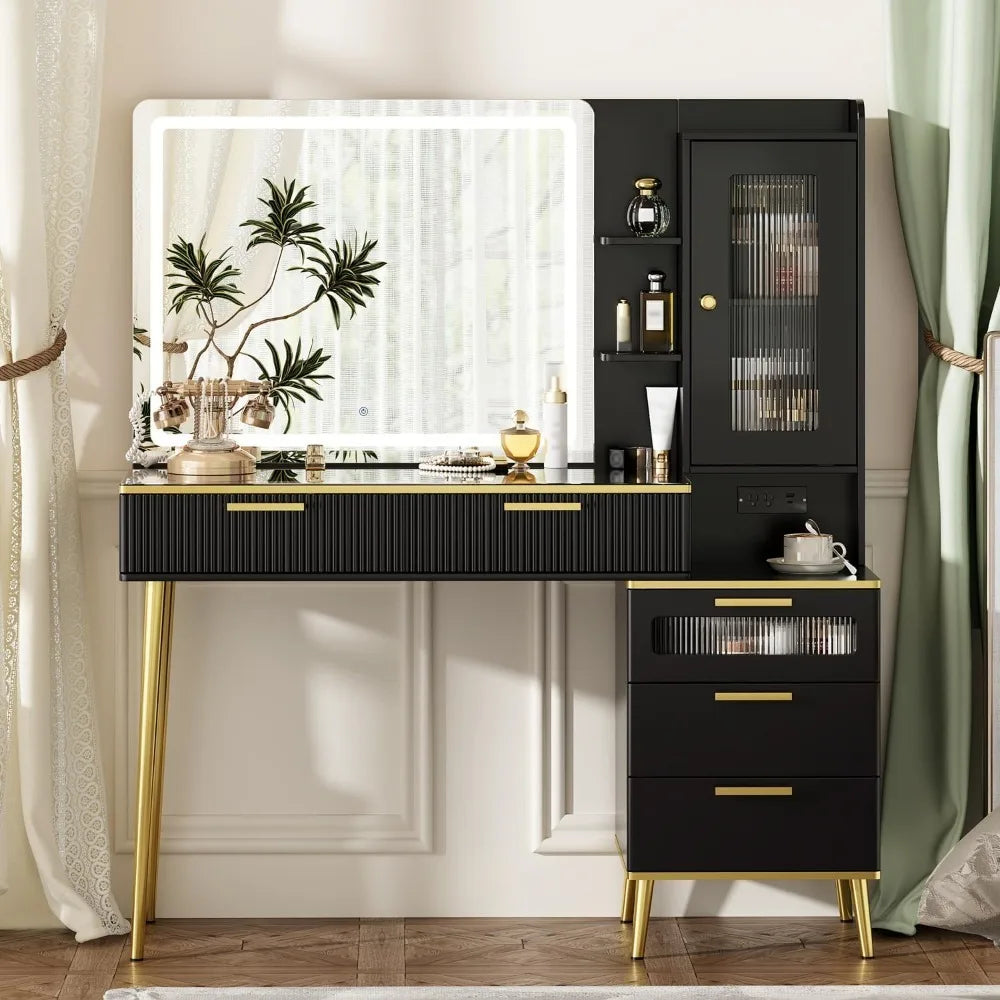47" Modern Vanity Desk With LED Mirror 5 Drawers and Storage Shelves
