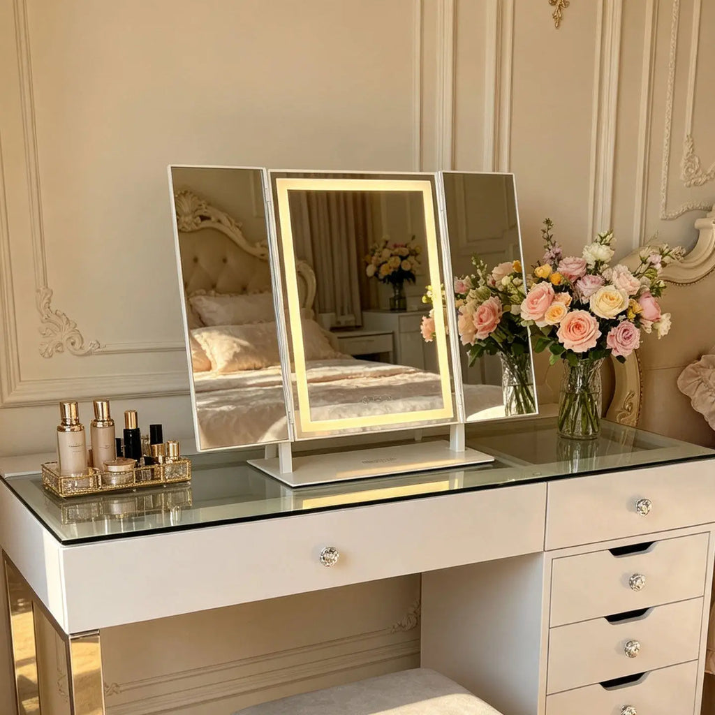 Tabletop Foldable Makeup Mirror With LED Light