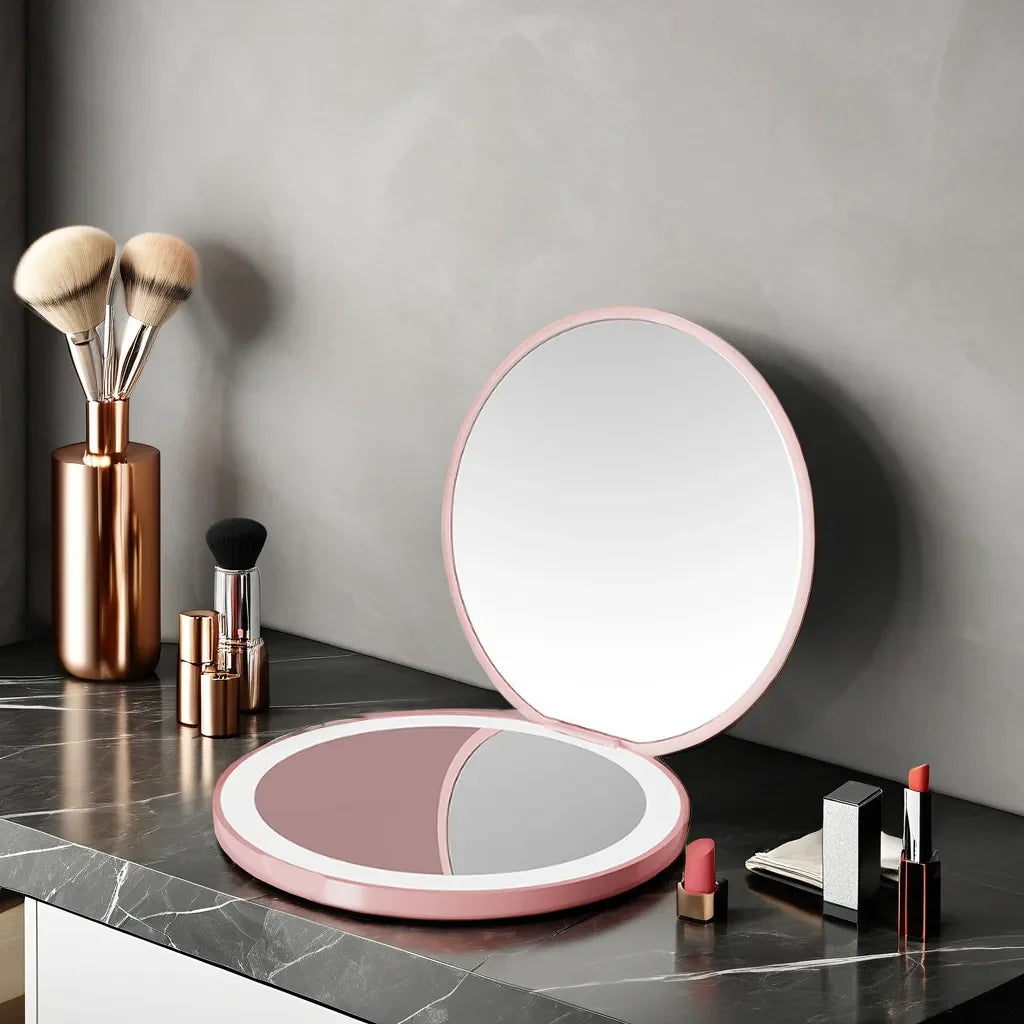 Compact LED Makeup Round Mirror with  2x Magnification