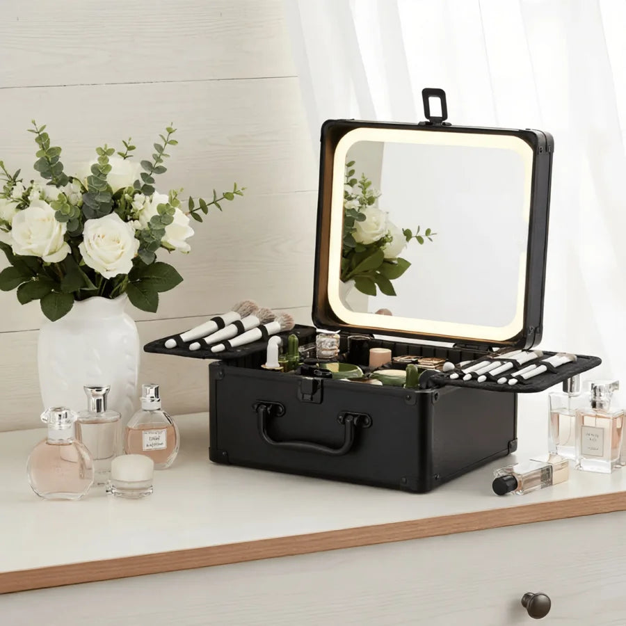 Makeup Case With A Detachable LED Mirror - Black