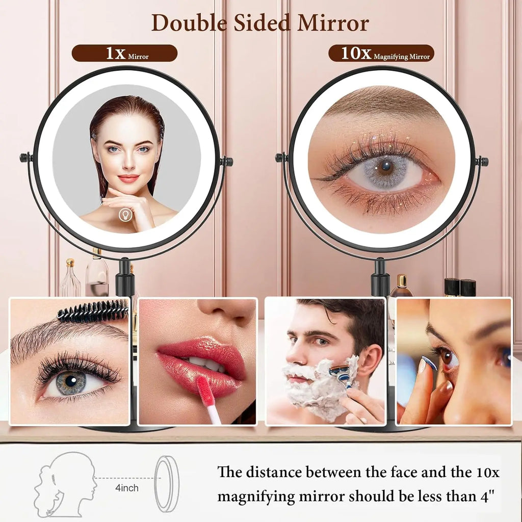 Double Side Standing Makeup Mirror With LED Light and 10x Magnification [8 Inch]