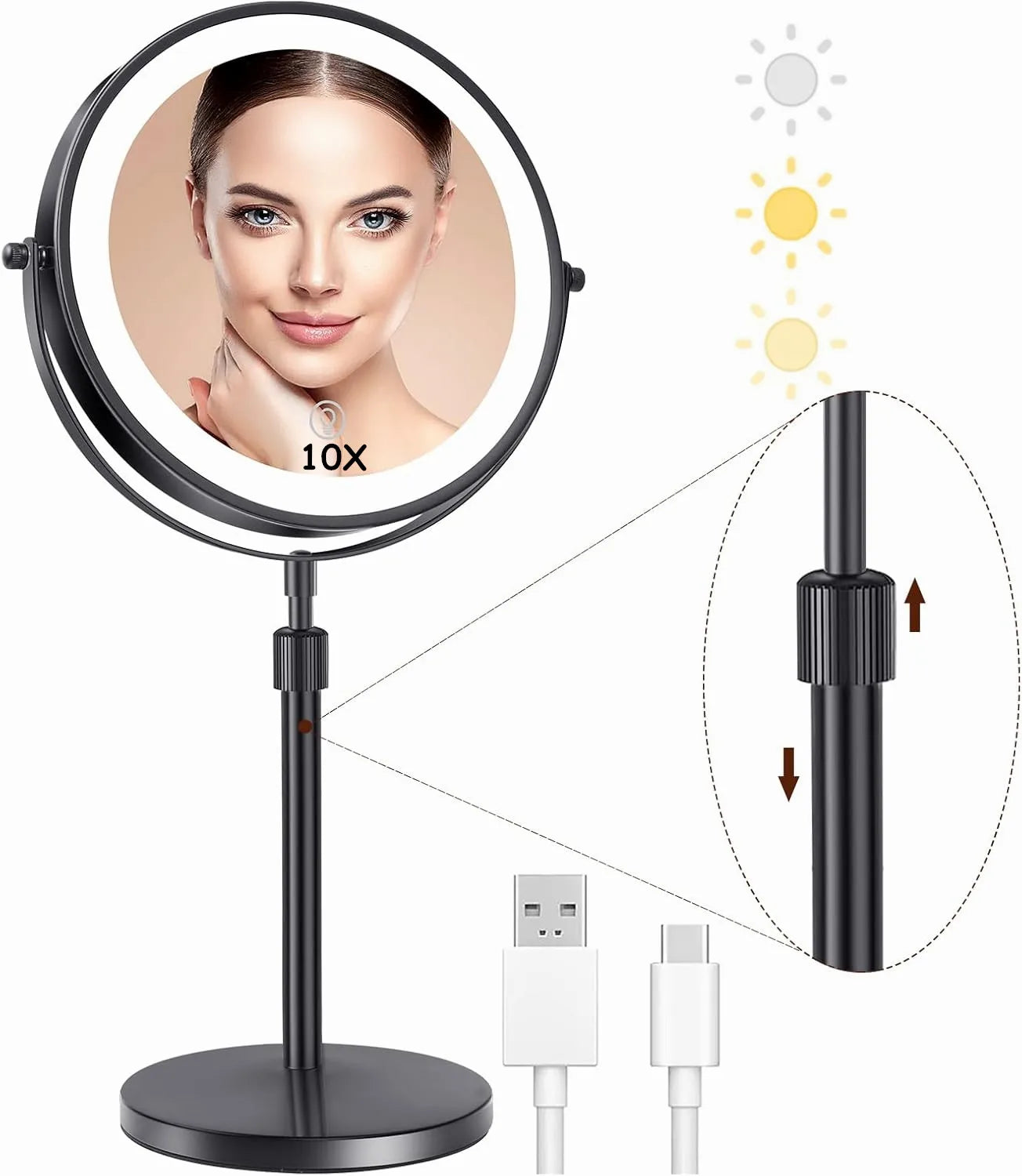 Double Side Standing Makeup Mirror With LED Light and 10x Magnification [8 Inch]