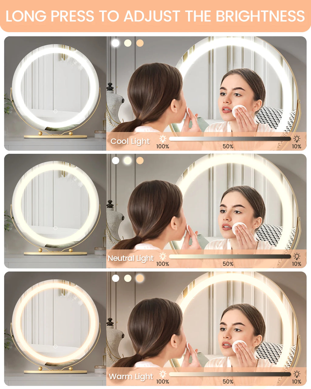 19 Inch Large Round Vanity Mirror With Touch Controls