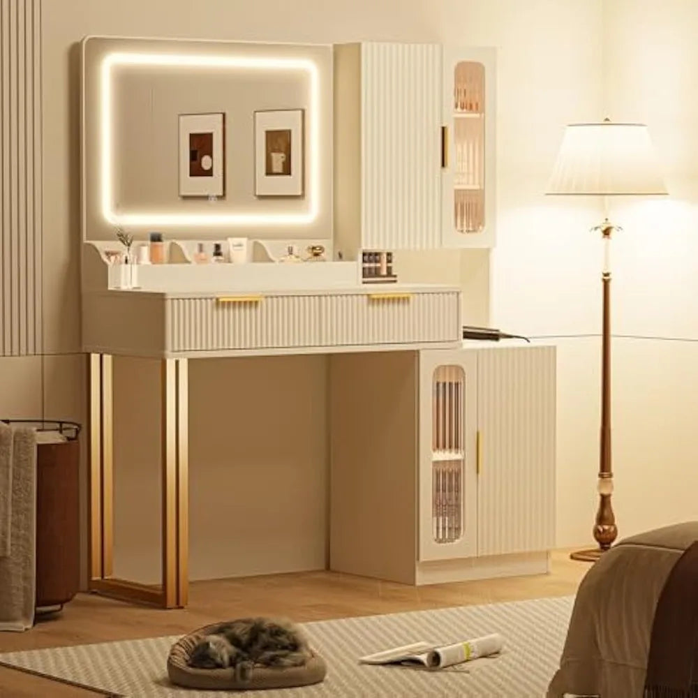 45" Fluted Makeup Vanity Desk With 5 Drawers & Storage Shelves