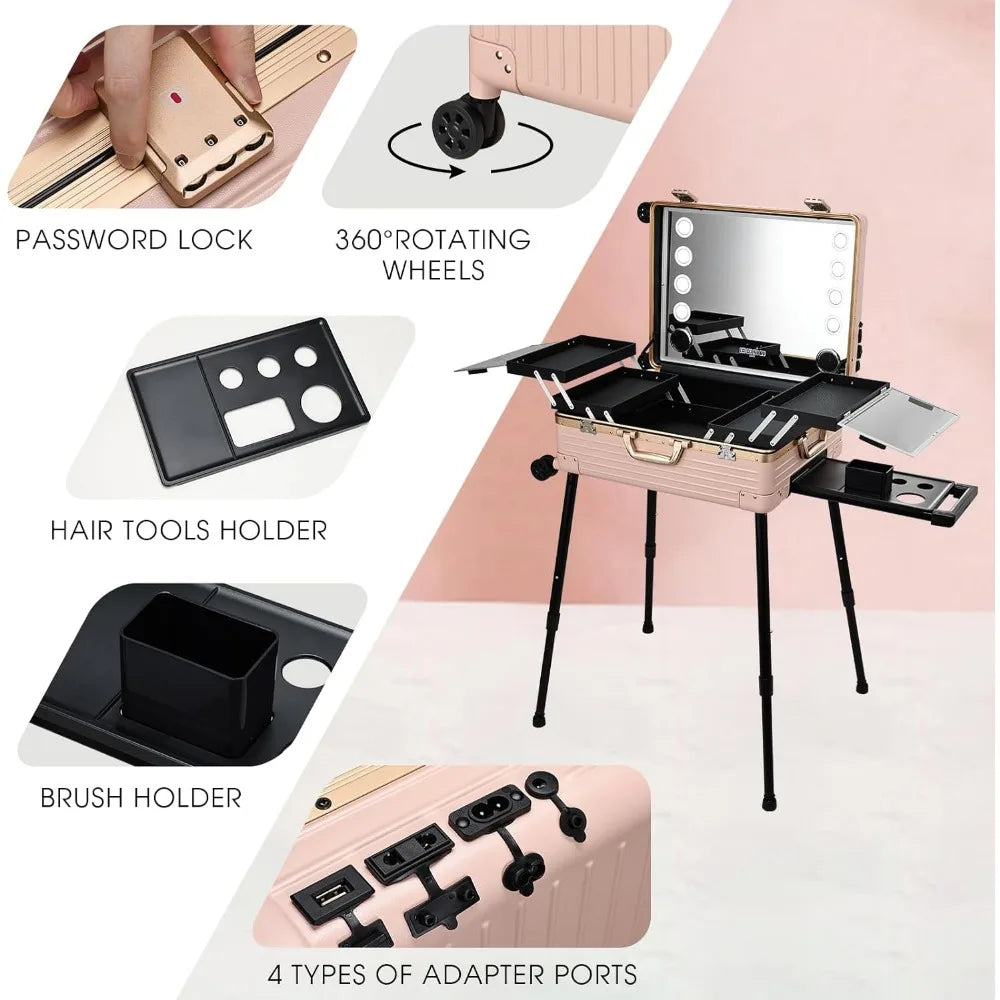 24'' Aluminum Rolling Makeup Trolley with Bluetooth Speakers and LED Lights [Pink]