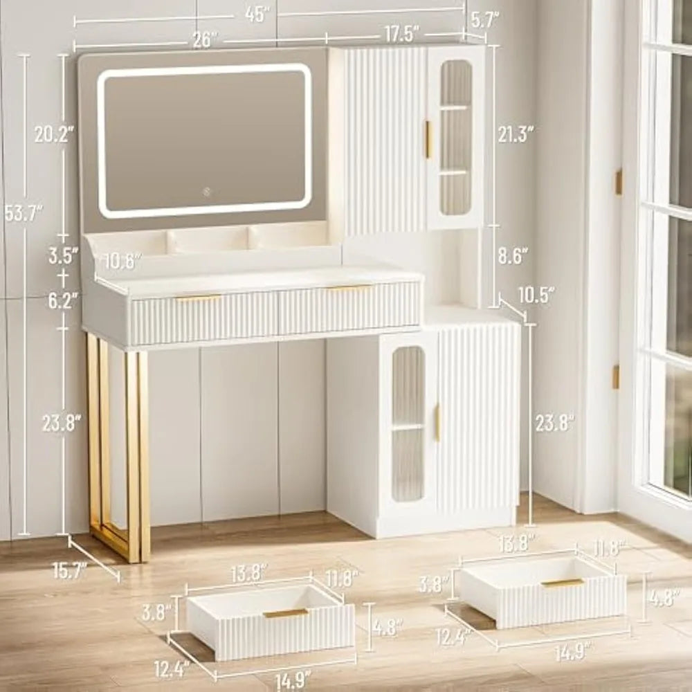 45" Fluted Makeup Vanity Desk With 5 Drawers & Storage Shelves