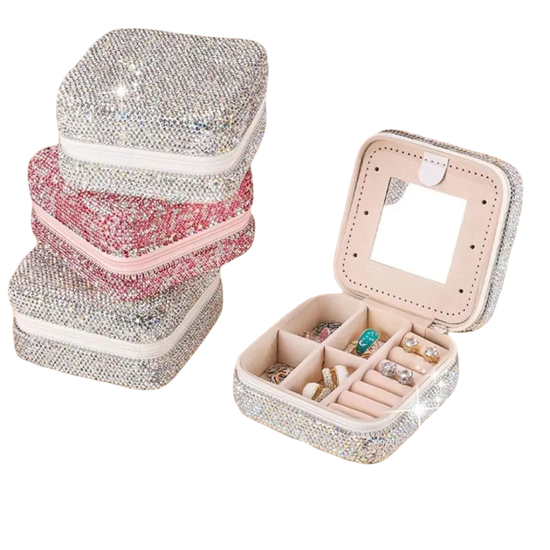 Luxury Bling Rhinestone Double Layer Jewelry Box  With Mirror