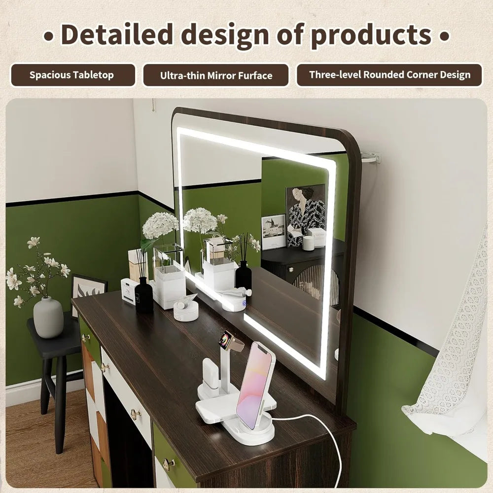 Vanity Desk with Power Outlet, LED Lights, & 9 Drawers