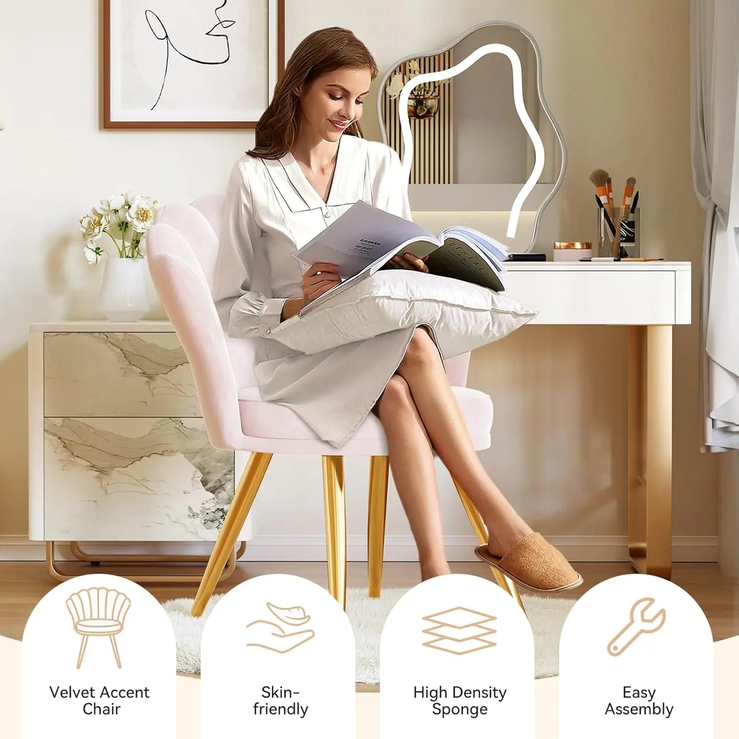 Vanity Chair with Gold Legs -  Light Pink