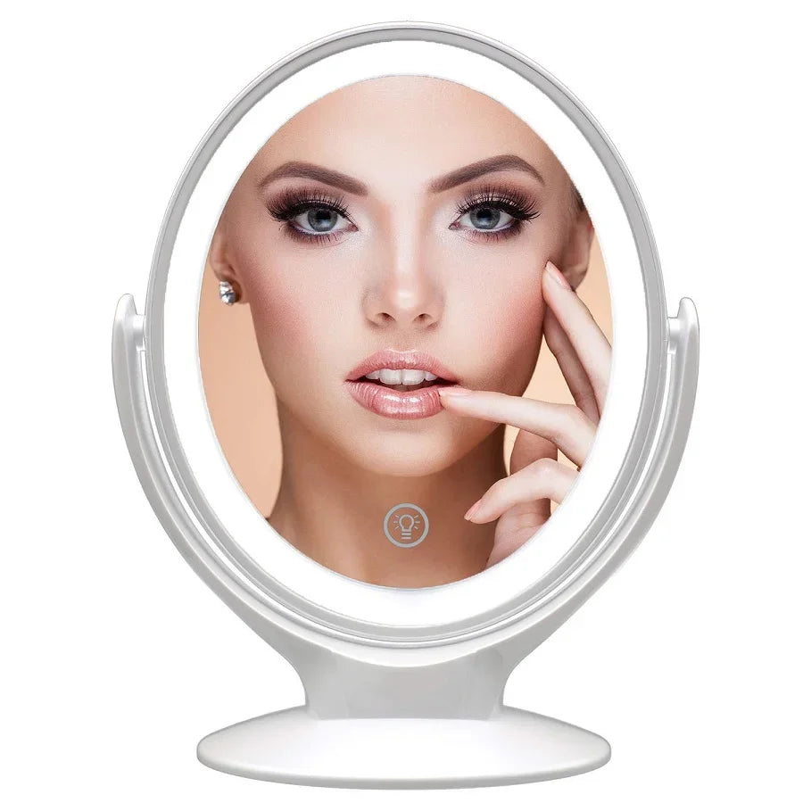 Rounded Double Sided Standing Makeup Mirror With LED Light & Magnification [1X/7X]
