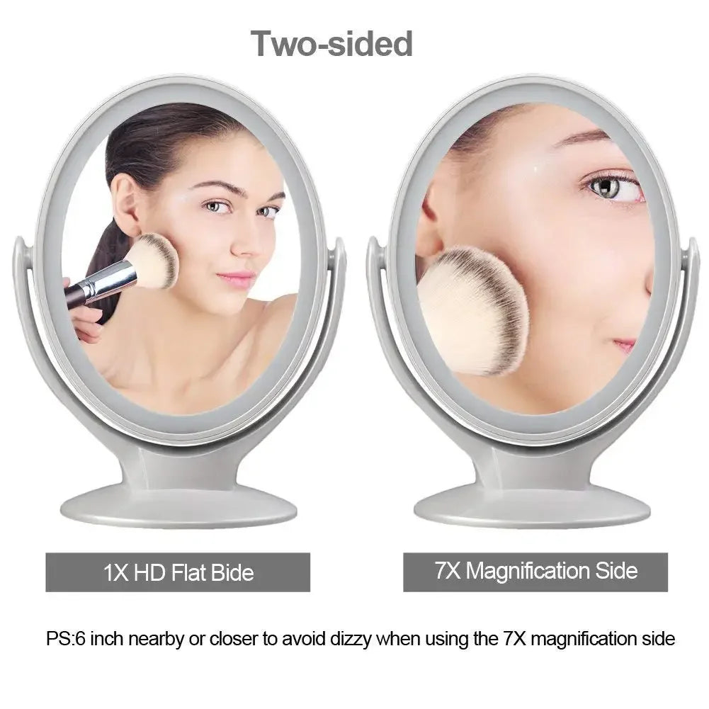 Rounded Double Sided Standing Makeup Mirror With LED Light & Magnification [1X/7X]