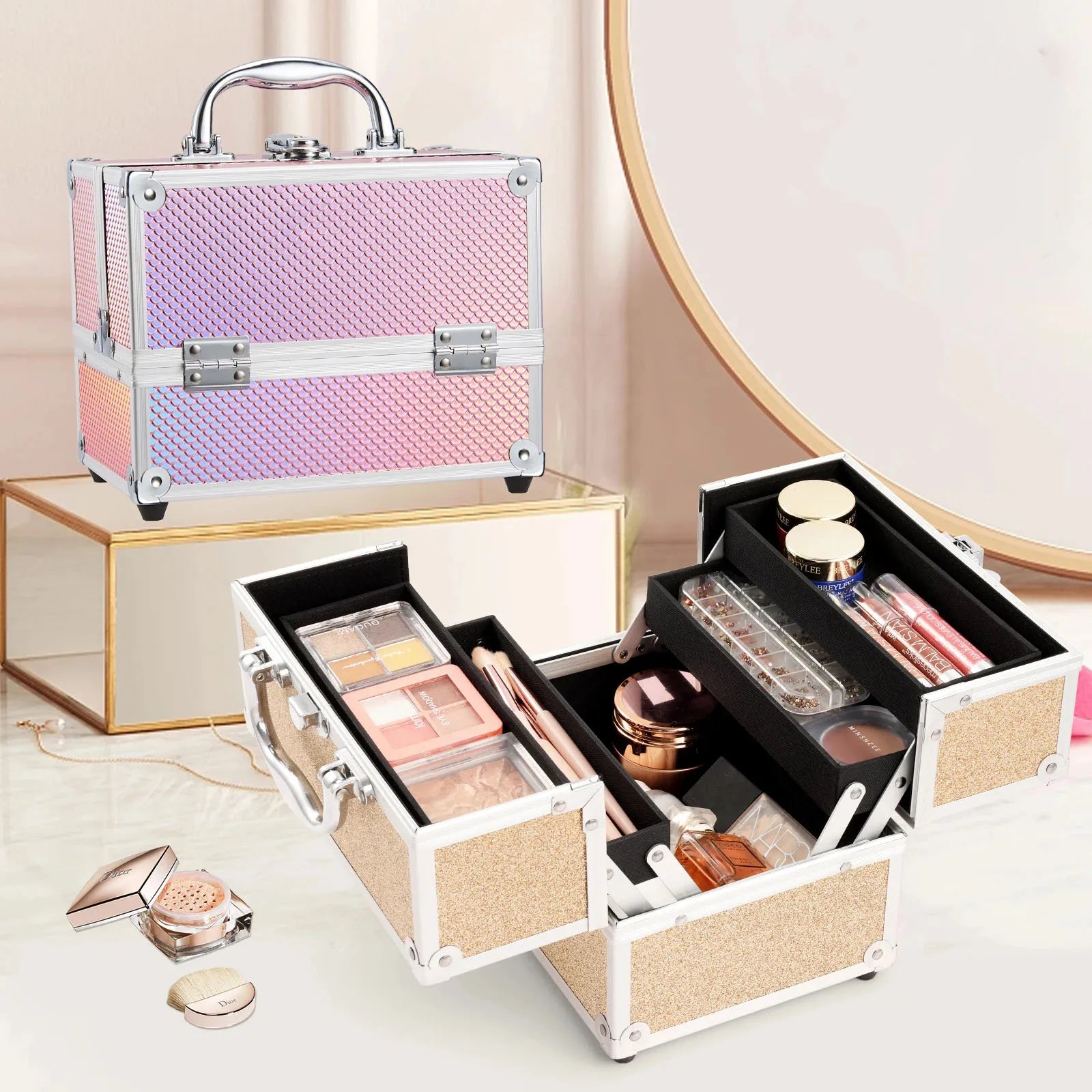 Portable Alloy Cosmetics Makeup Case [4 trays]
