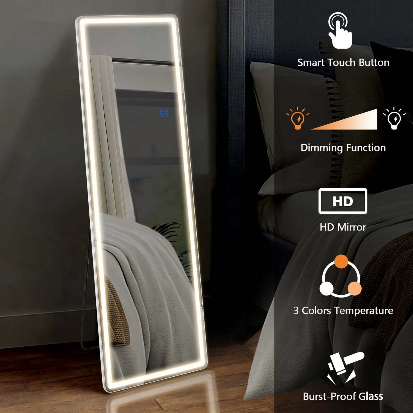 Rectangular Full-Length LED Mirror with Aluminum Frame [Size: 21"x 64"]