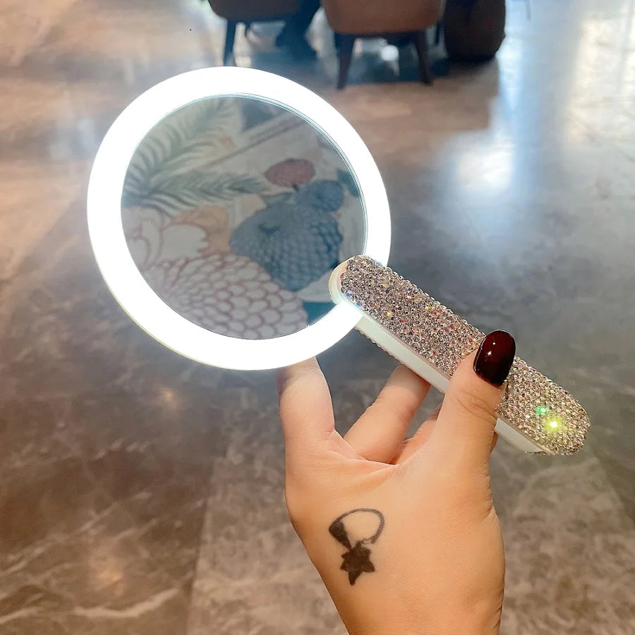 Rotatable Rhinestones Handle Makeup Mirror With LED Light