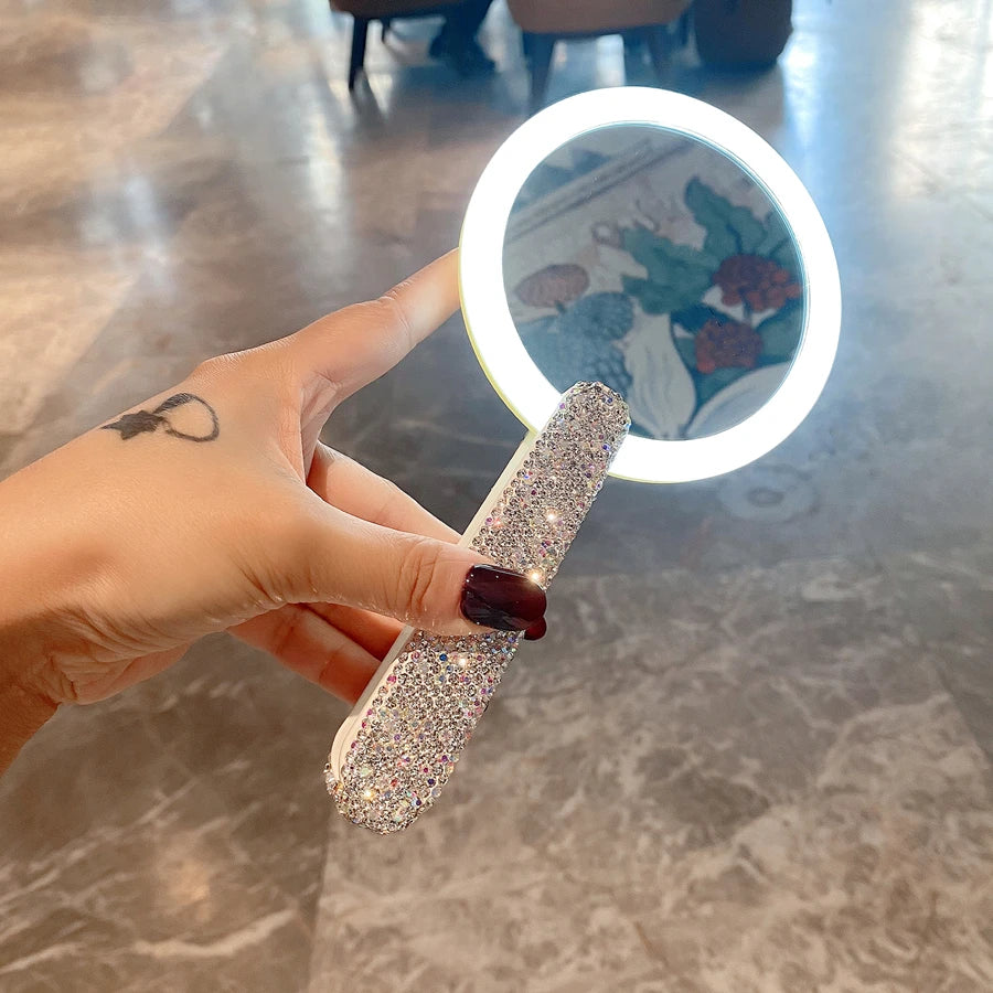 Rotatable Rhinestones Handle Makeup Mirror With LED Light