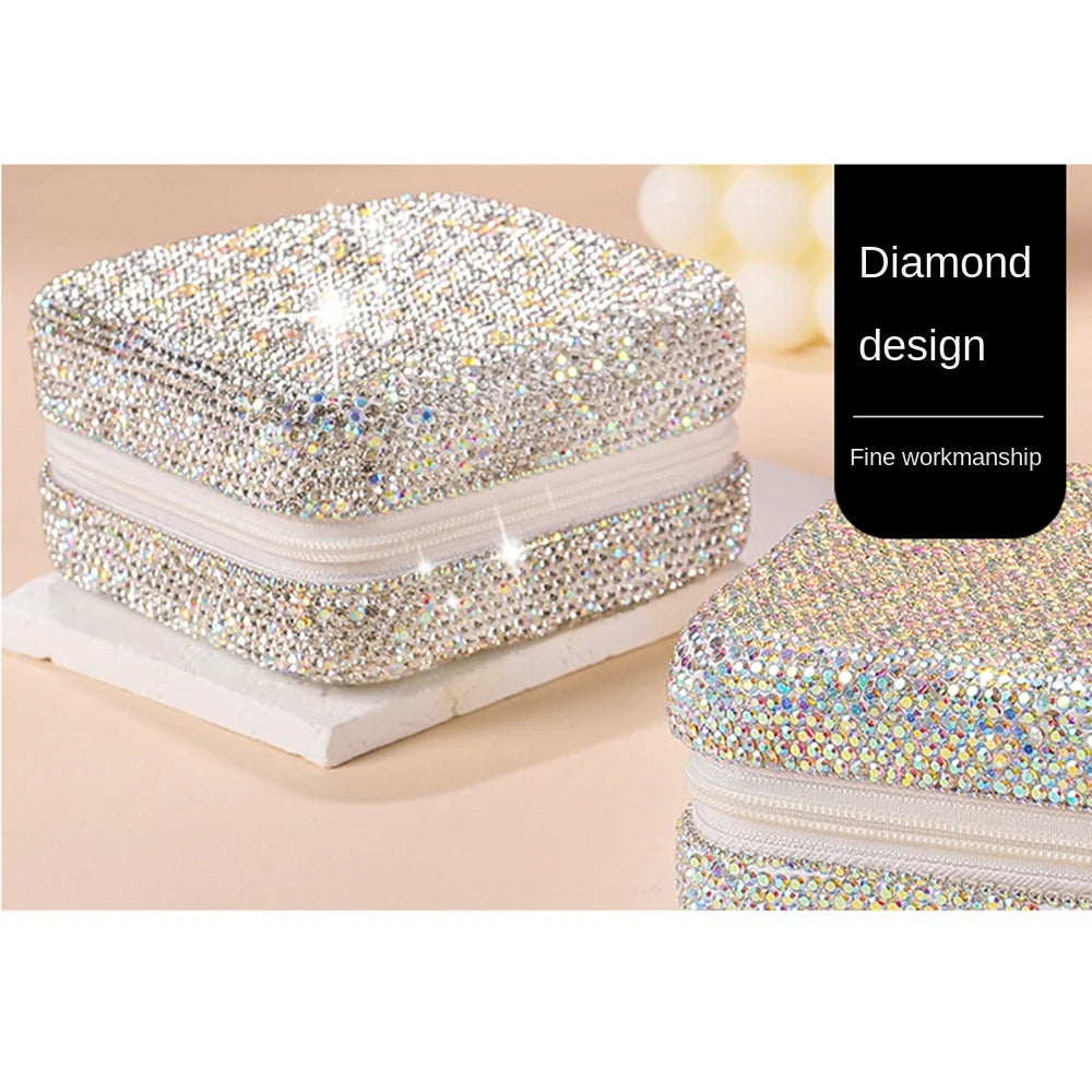 Luxury Bling Rhinestone Double Layer Jewelry Box  With Mirror