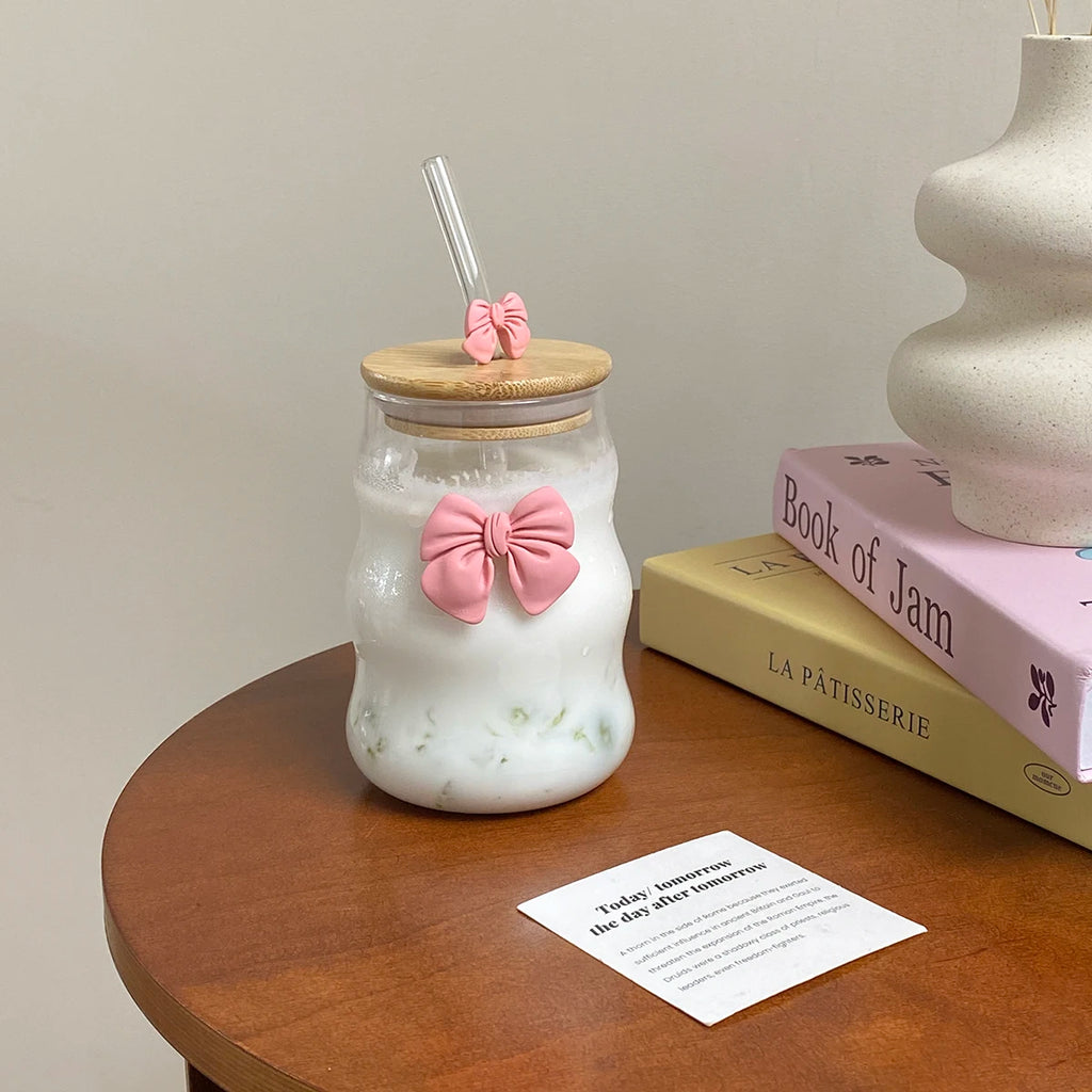 Glass Tumbler With Pink Bow Lid & Straw