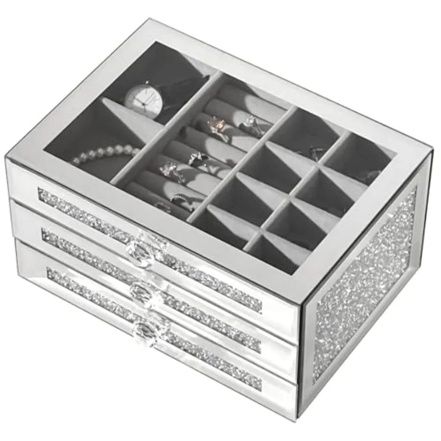 Glass Lid Jewelry Organizer With 3 Drawers