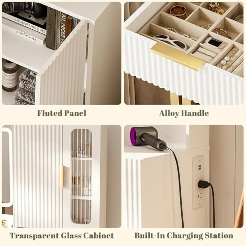 45" Fluted Makeup Vanity Desk With 5 Drawers & Storage Shelves