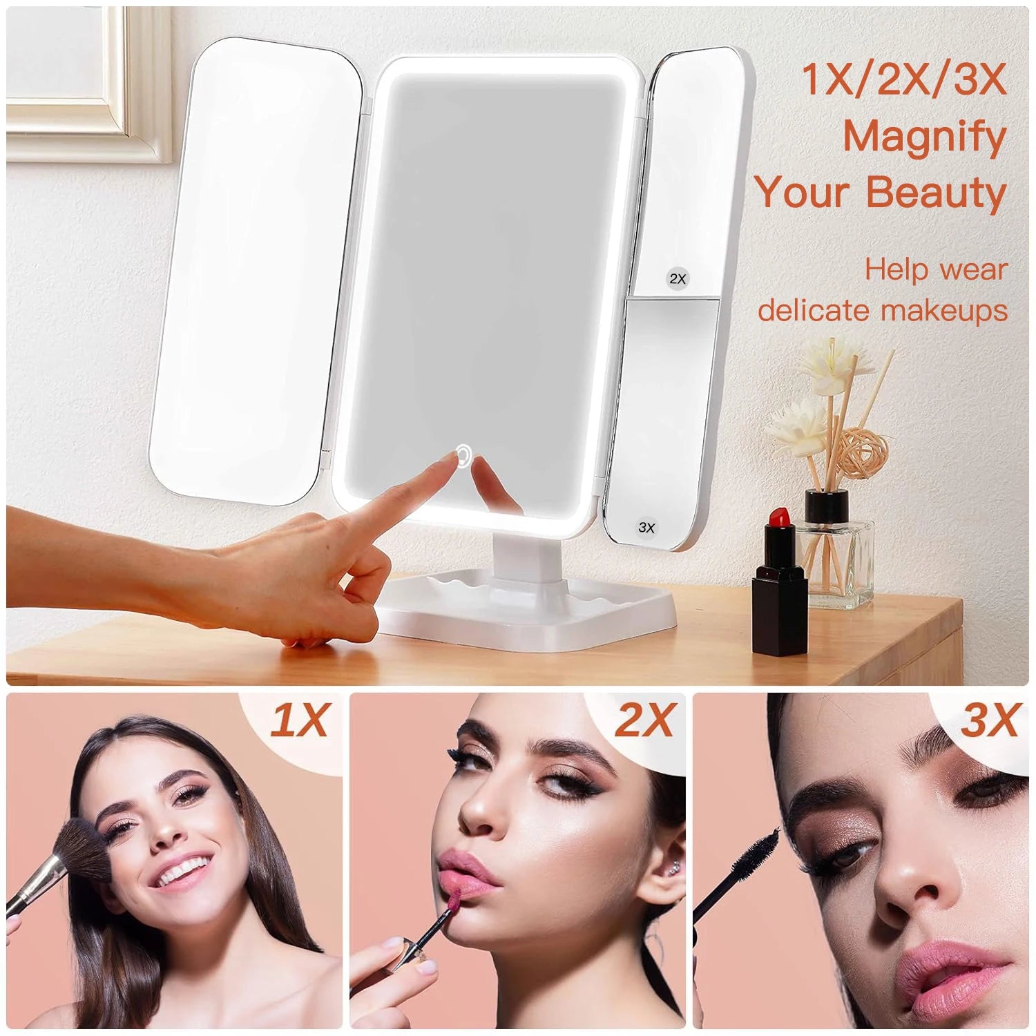 Trifold LED Makeup Mirror with 2x/3x/10x Magnification