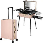 24'' Aluminum Rolling Makeup Trolley with Bluetooth Speakers and LED Lights [Pink]