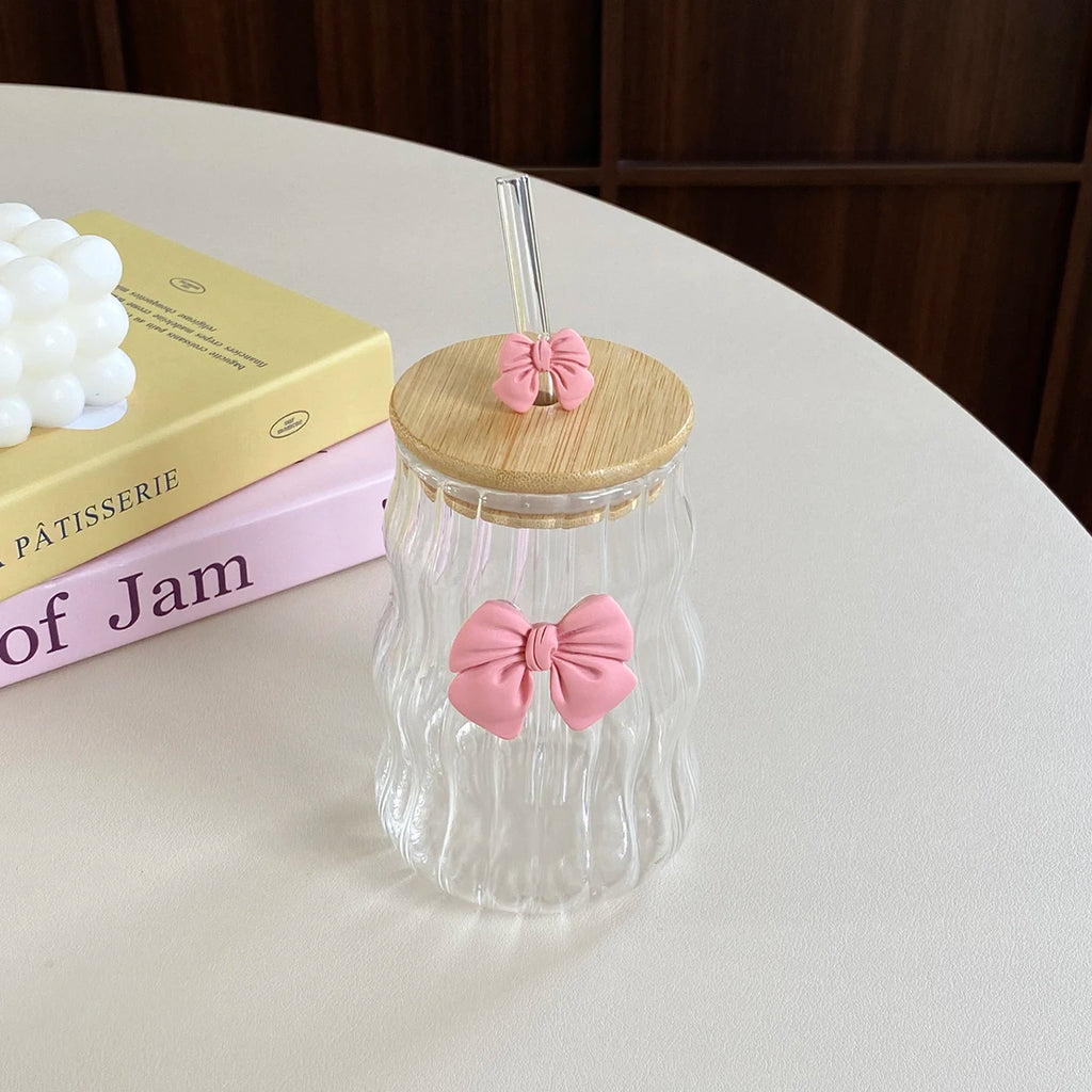 Glass Tumbler With Pink Bow Lid & Straw