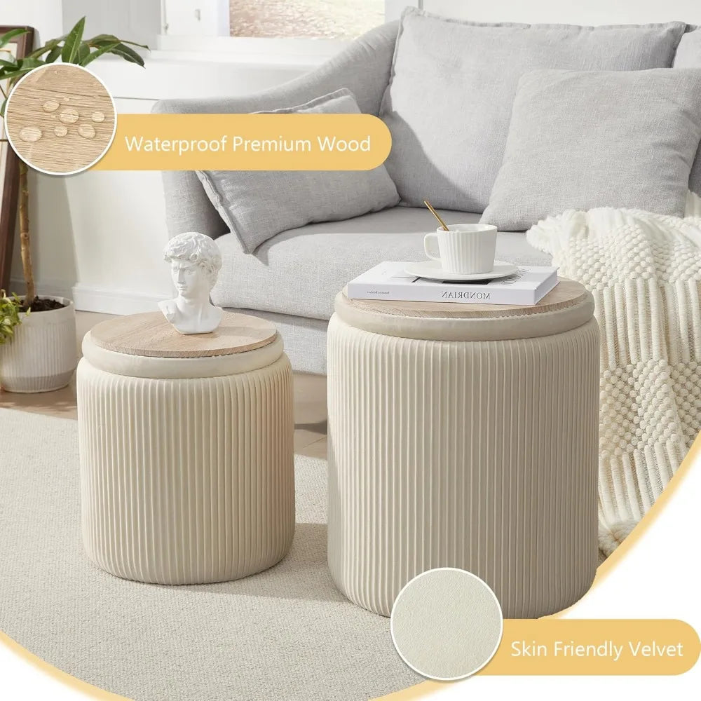 Set Of 2 Round Ottoman Vanity Stool [Beige]