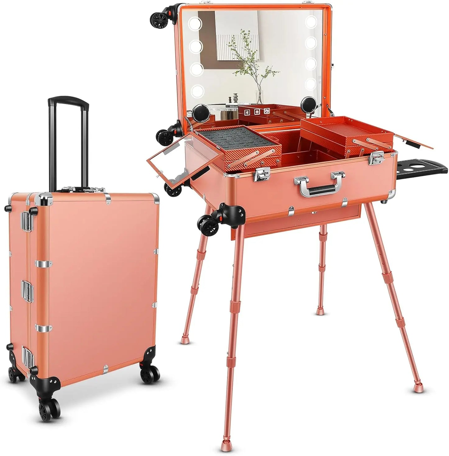 24'' Aluminum Rolling Makeup Trolley With 8 LED Lights and Stand