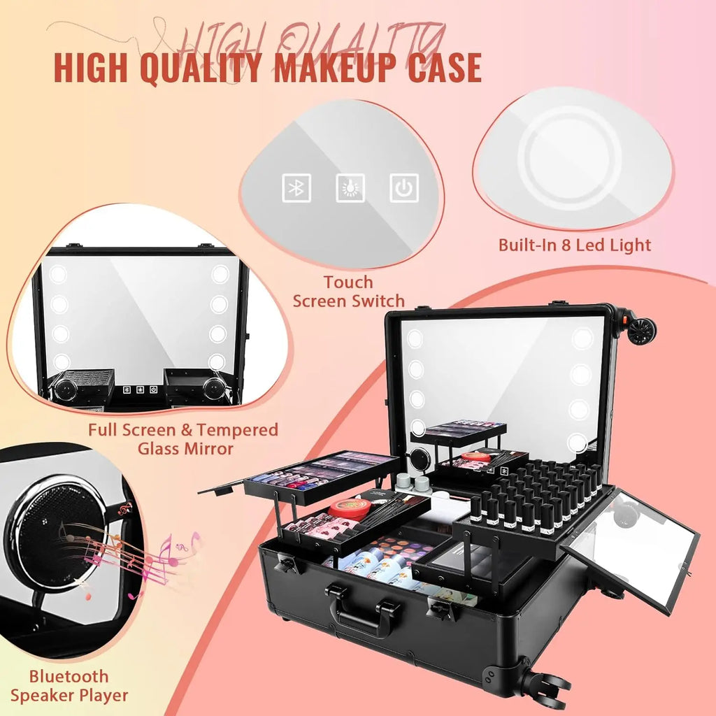 24'' Aluminum Rolling Makeup Trolley With 8 LED Lights and Stand