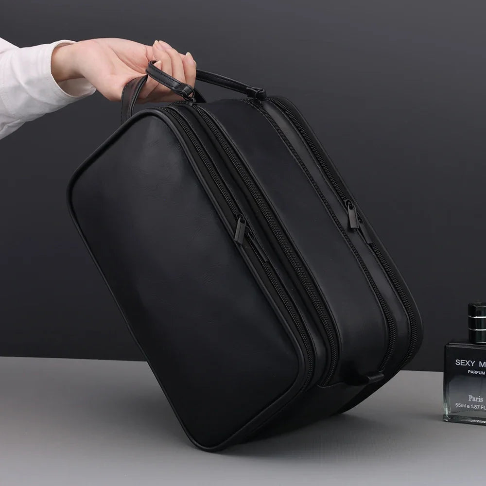 Large Multi Pocket Pure Leather Makeup Pouch