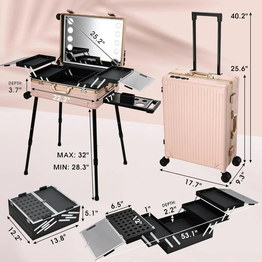 24'' Aluminum Rolling Makeup Trolley with Bluetooth Speakers and LED Lights [Pink]