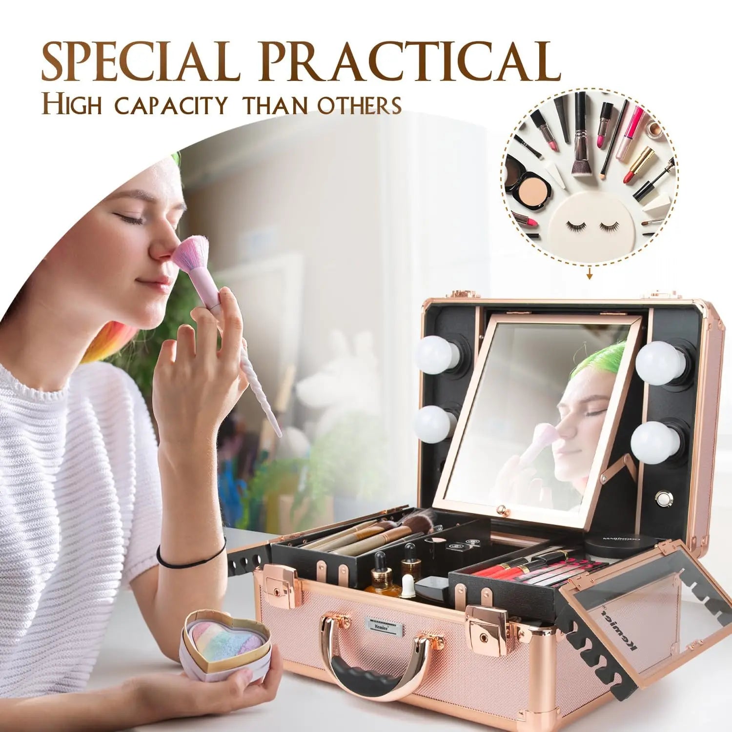 Makeup & Cosmetic Storage Box with LED Light Customizable Dividers