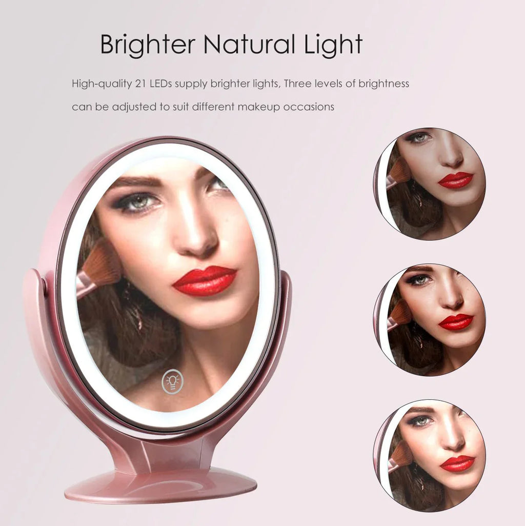 Rounded Double Sided Standing Makeup Mirror With LED Light & Magnification [1X/7X]