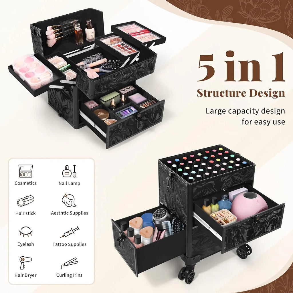 5 in 1 Rolling Makeup Train Case With Drawers
