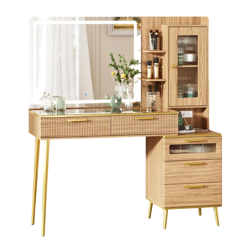 Vanity Desk with Mirror & 5 Drawers