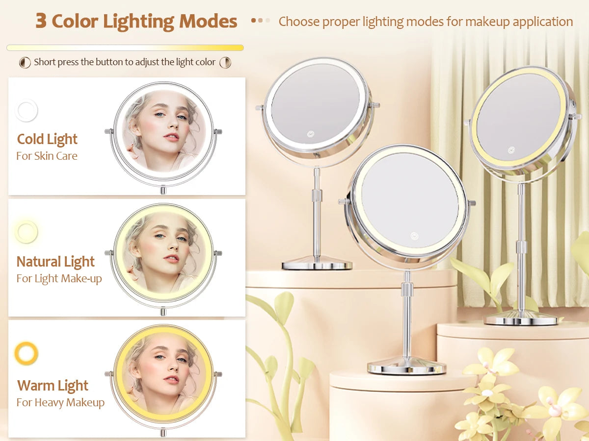 Double Side Standing Makeup Mirror With LED Light and 10x Magnification [8 Inch]