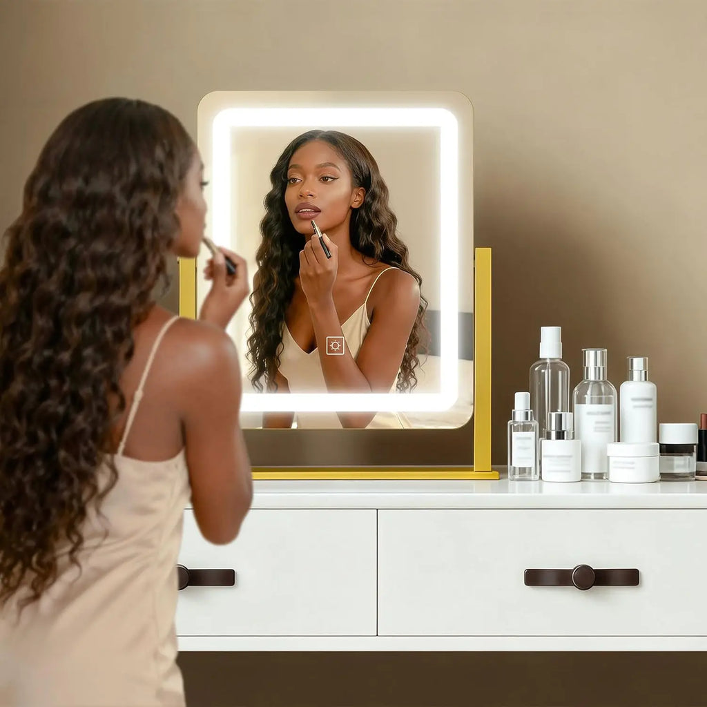 LED Makeup Mirror With Gold Frame - 15x13 Inches