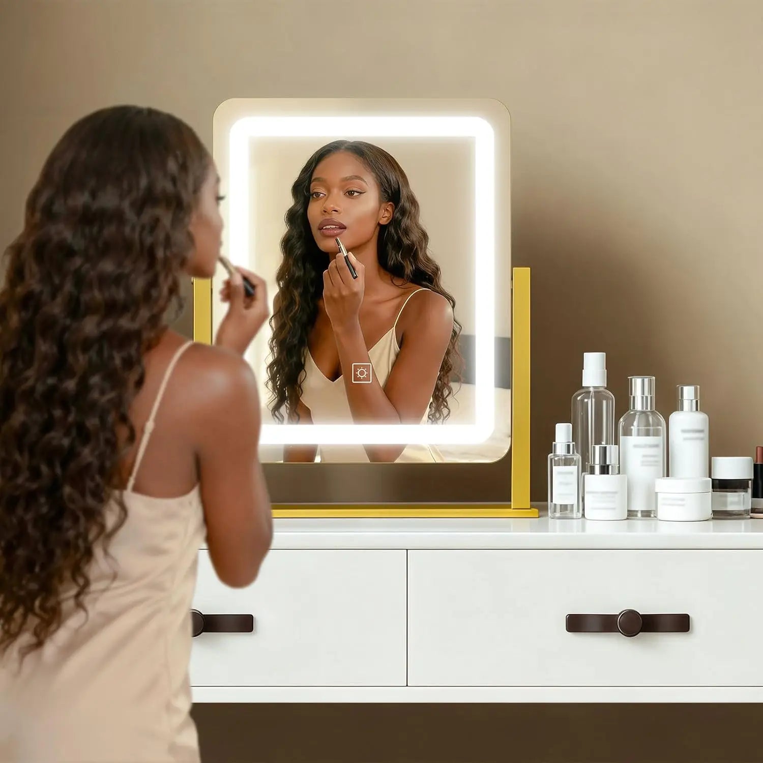 LED Makeup Mirror With Gold Frame - 15x13 Inches