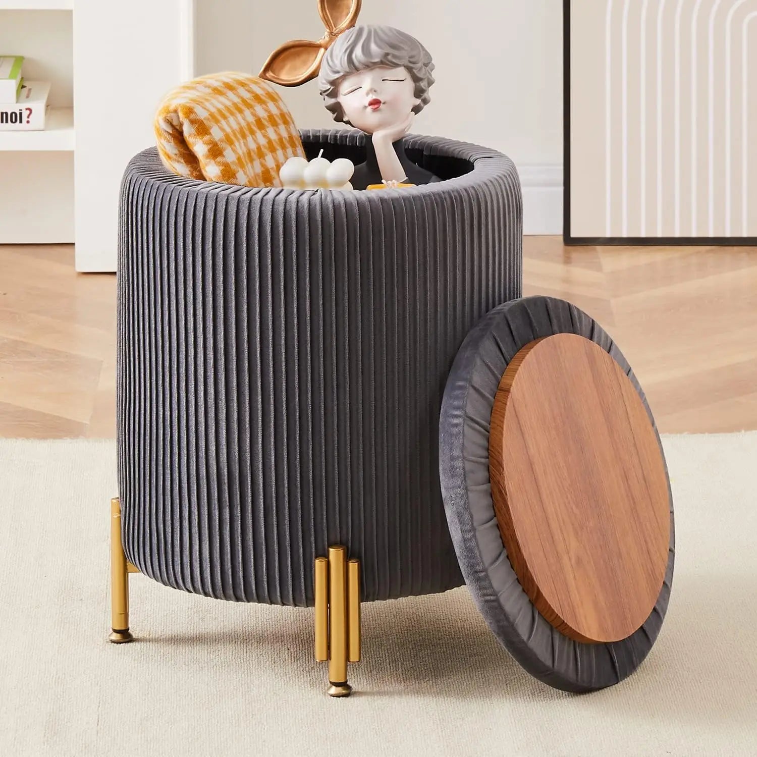 Modern Rounded Ottoman Vanity Stool With Storage & Metal Legs