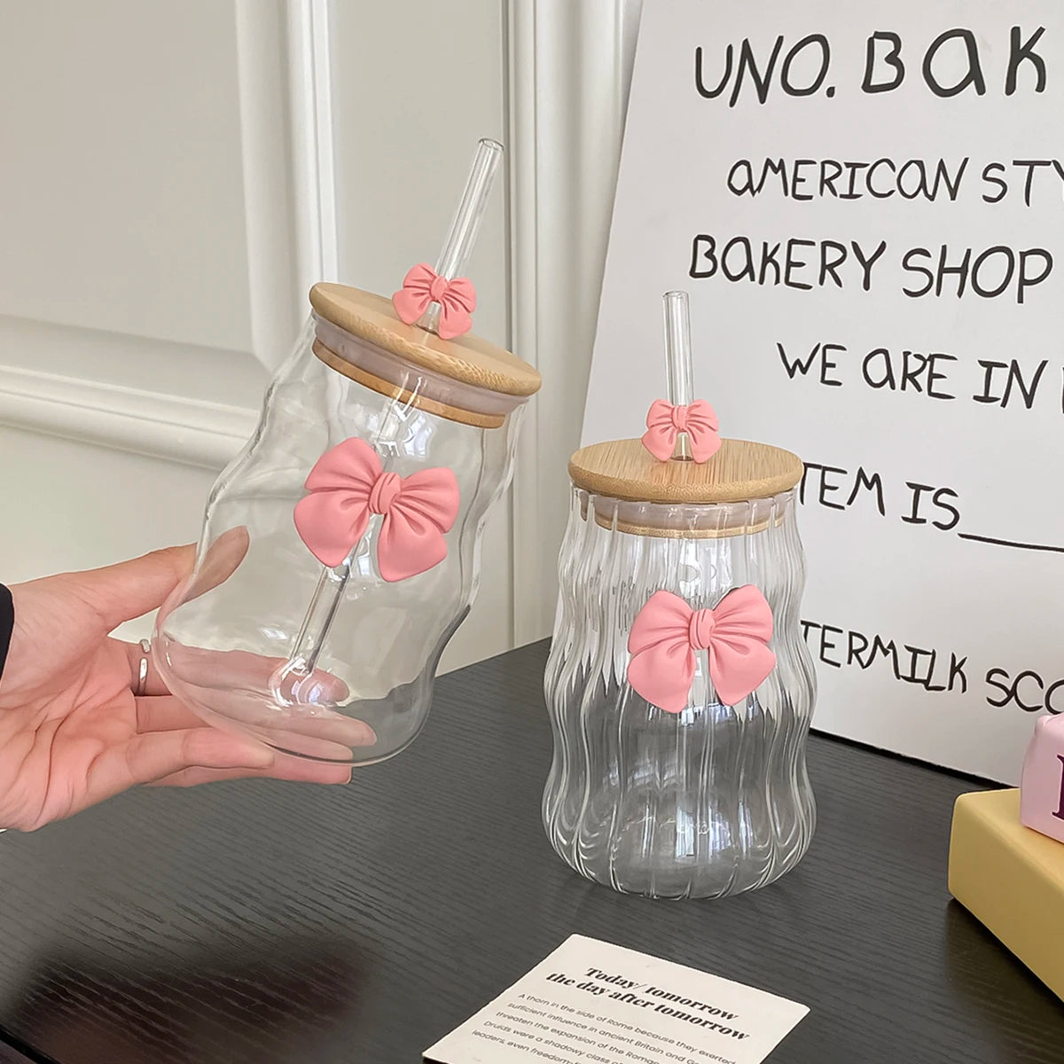 Glass Tumbler With Pink Bow Lid & Straw