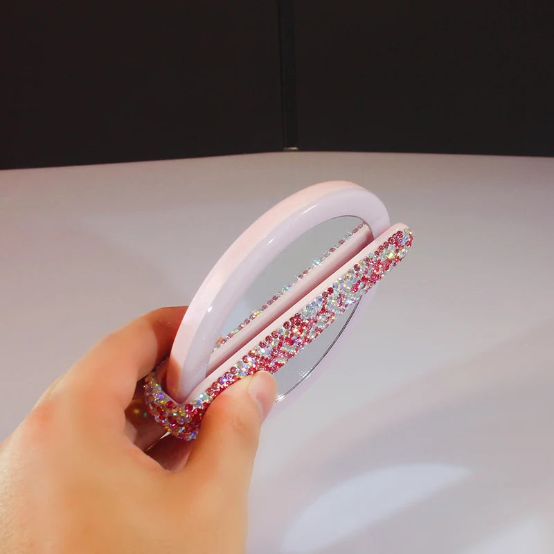 Rotatable Rhinestones Handle Makeup Mirror With LED Light