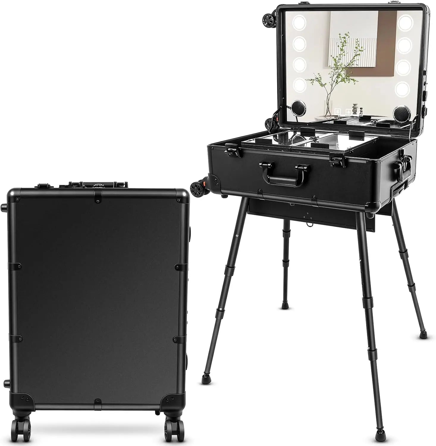 24'' Aluminum Rolling Makeup Trolley With 8 LED Lights and Stand